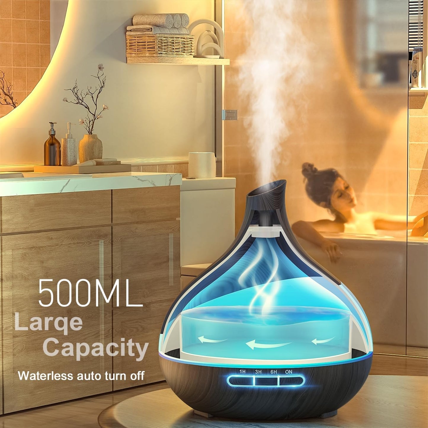 Umidificator & Difuzor Aromaterapie 500 ml – 14 Culori LED, Timer și Telecomandă, Oprire Automată, Spații Mari