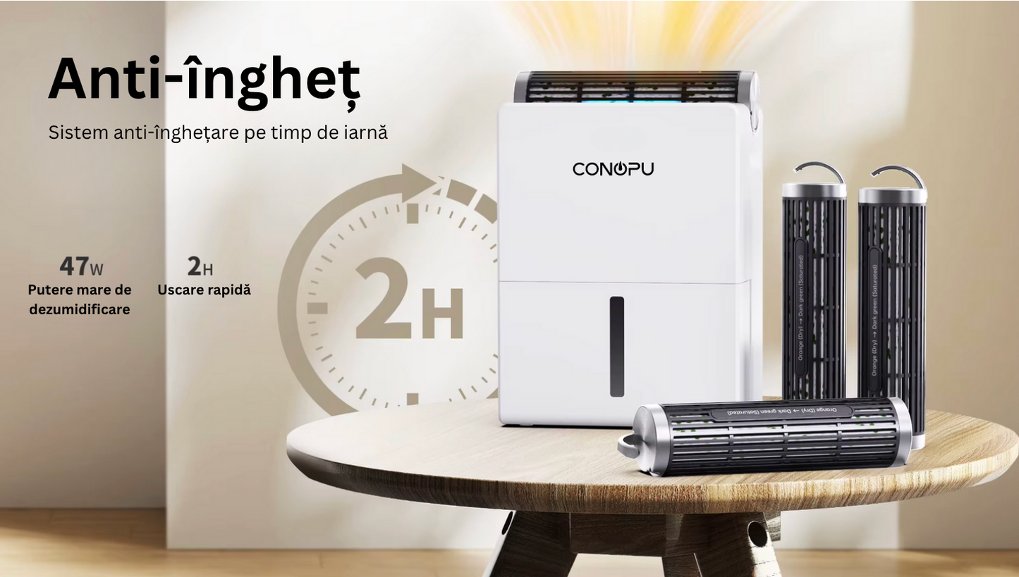 Dezumidificator Profesional CONOPU 3 in 1, Portabil, Detasabil, 800mL/zi, uscare+mod de repaus,casa,subsol, birou, 80m², 180m³/h
