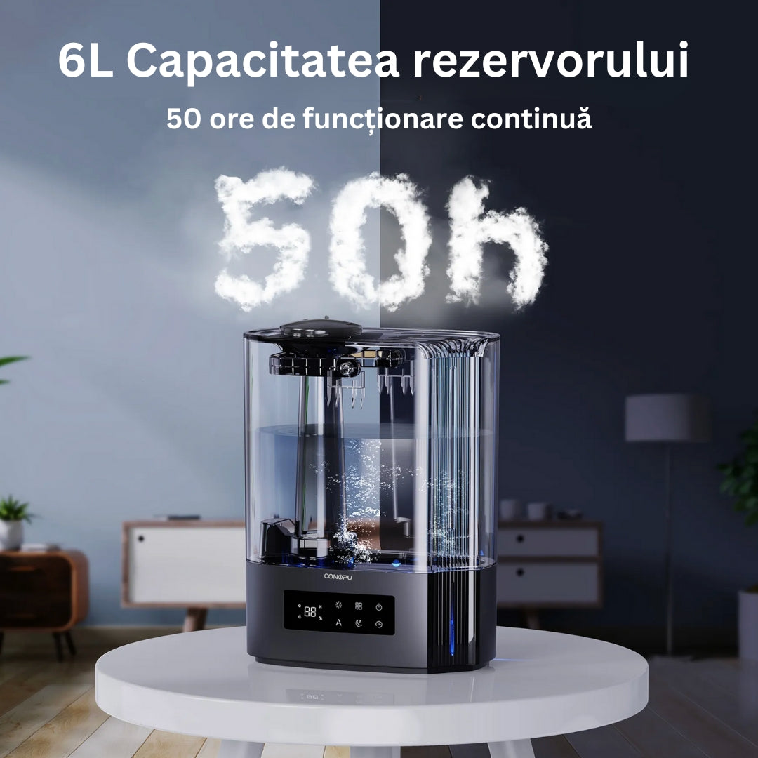 Umidificator Ultrasonic Profesional CONOPU® 6L Dormitor, Camere Mari, Difuzor de Arome, Bebeluși, 60 ore, Control Inteligent al Umidității, UltraSilențios