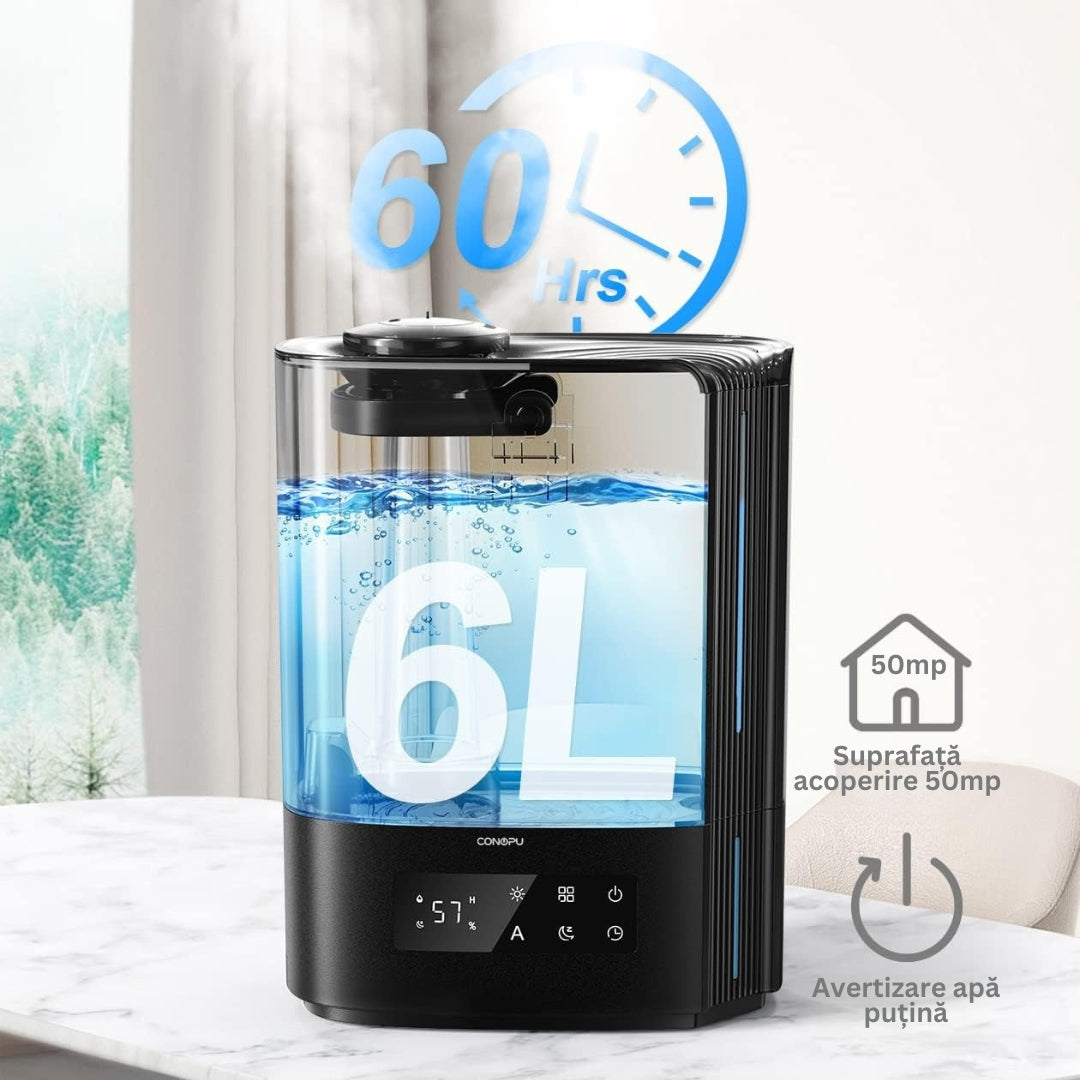 Umidificator Ultrasonic Profesional CONOPU® 6L Dormitor, Camere Mari, Difuzor de Arome, Bebeluși, 60 ore, Control Inteligent al Umidității, UltraSilențios
