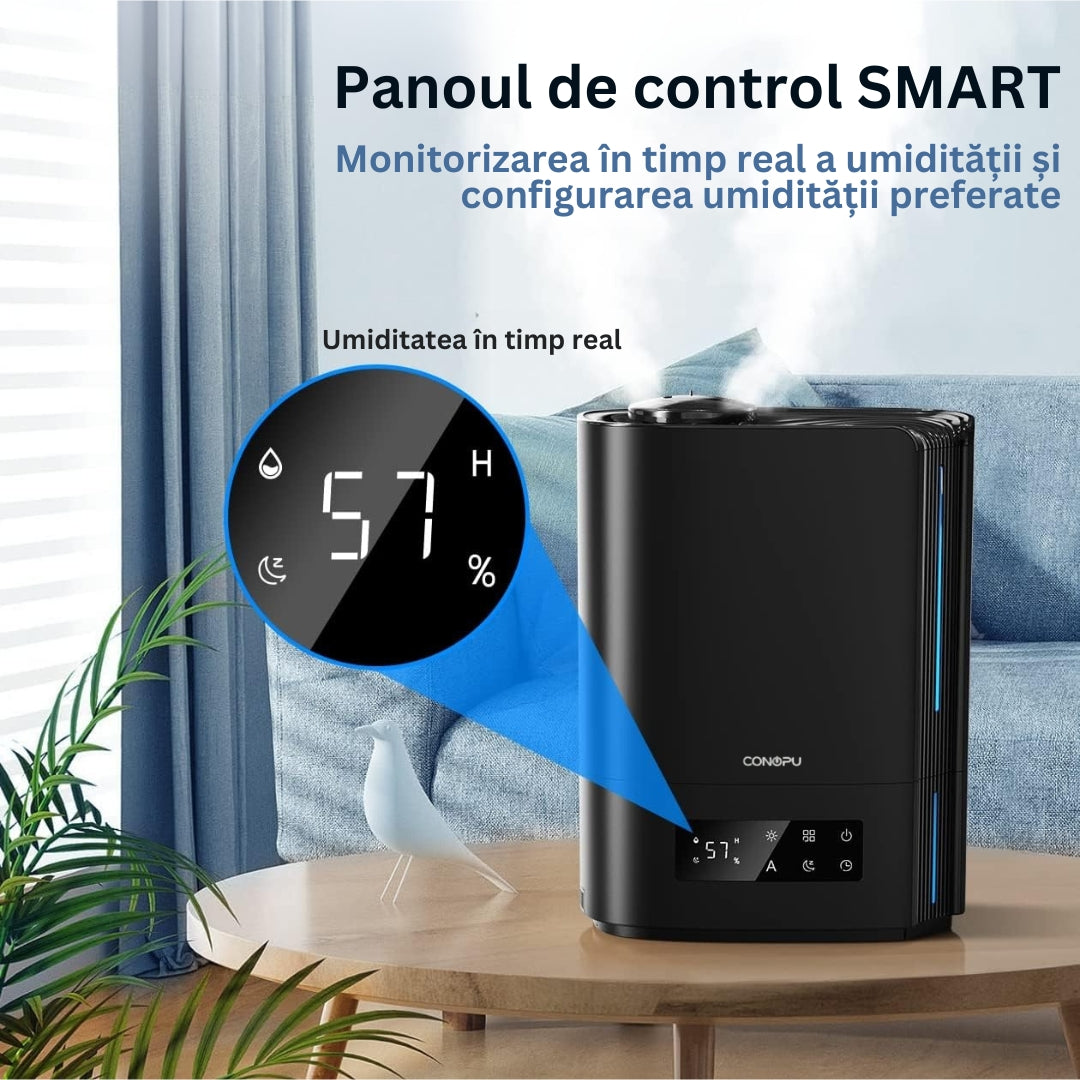 Umidificator Ultrasonic Profesional CONOPU® 6L Dormitor, Camere Mari, Difuzor de Arome, Bebeluși, 60 ore, Control Inteligent al Umidității, UltraSilențios